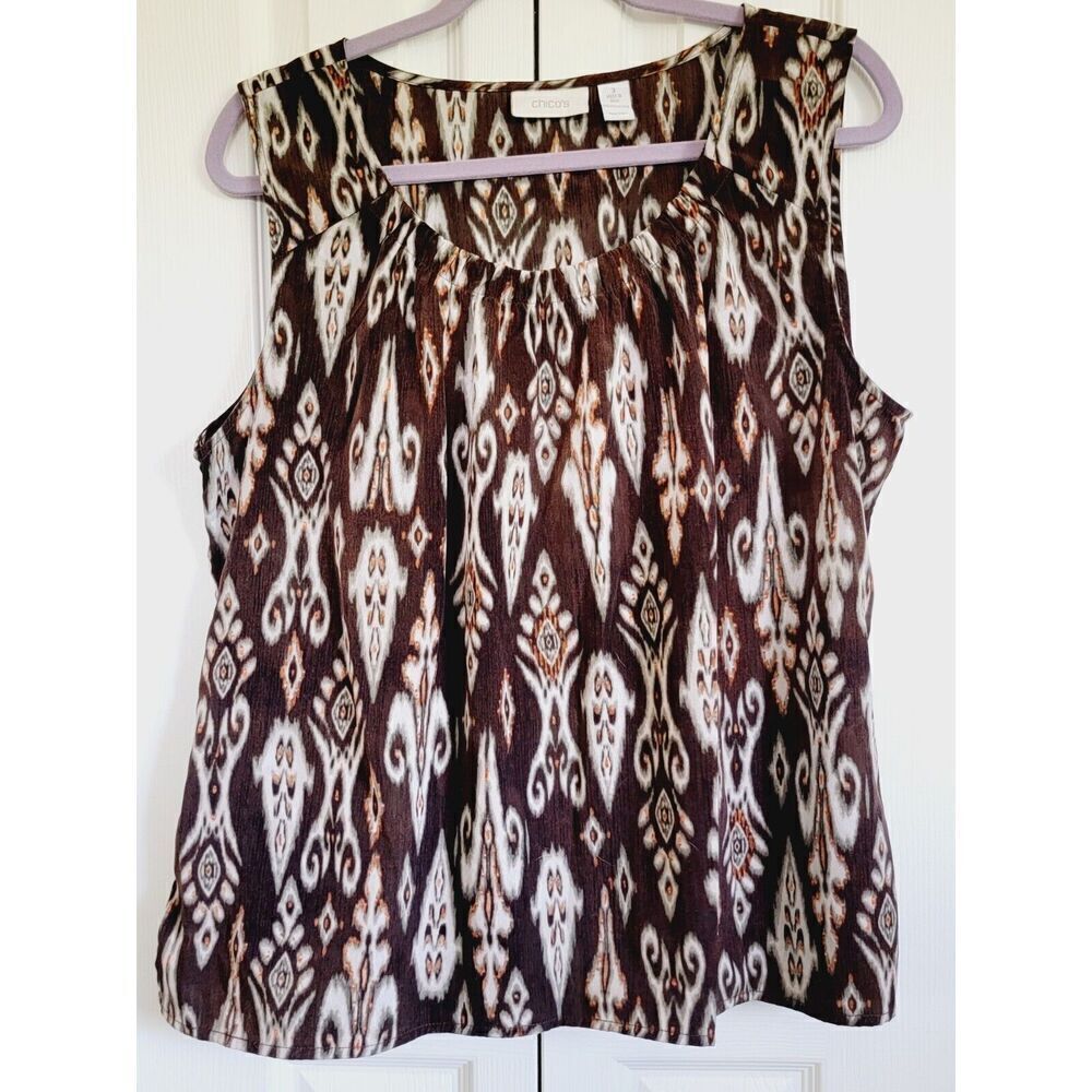 Chico's 3 Southwest Sleeveles Casual Tank Top Shell‎ Browns XL Gathered Neckline
